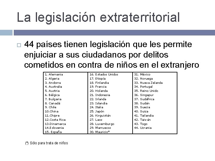 La legislación extraterritorial 44 países tienen legislación que les permite enjuiciar a sus ciudadanos