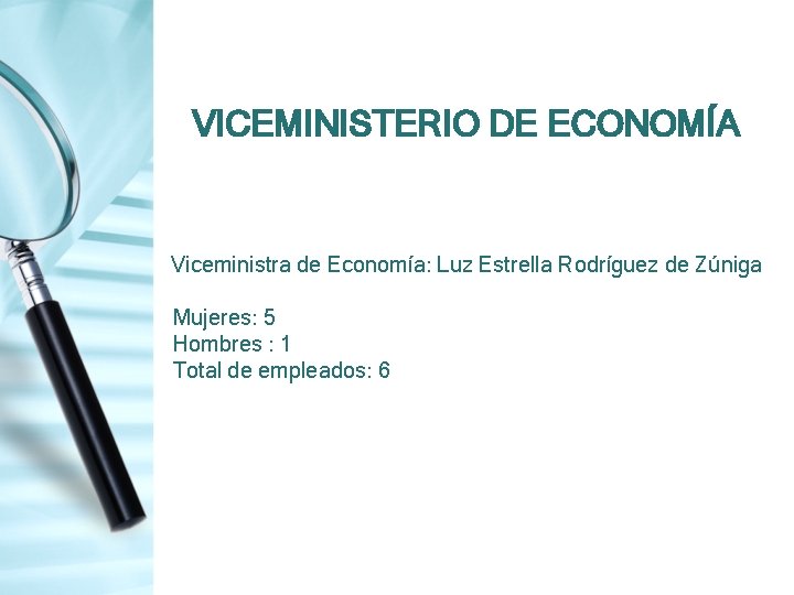 VICEMINISTERIO DE ECONOMÍA Viceministra de Economía: Luz Estrella Rodríguez de Zúniga Mujeres: 5 Hombres VICEMINISTERIO DE ECONOMÍA Viceministra de Economía: Luz Estrella Rodríguez de Zúniga Mujeres: 5 Hombres