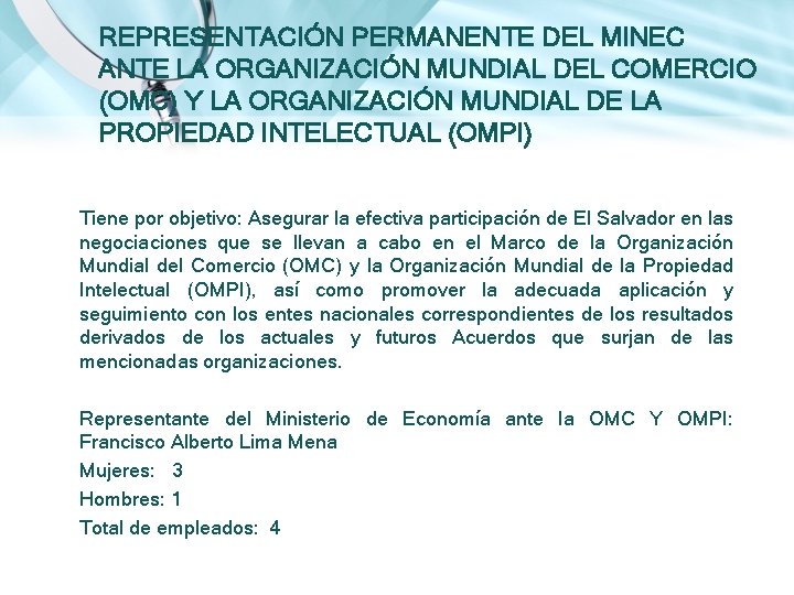 REPRESENTACIÓN PERMANENTE DEL MINEC ANTE LA ORGANIZACIÓN MUNDIAL DEL COMERCIO (OMC) Y LA ORGANIZACIÓN REPRESENTACIÓN PERMANENTE DEL MINEC ANTE LA ORGANIZACIÓN MUNDIAL DEL COMERCIO (OMC) Y LA ORGANIZACIÓN