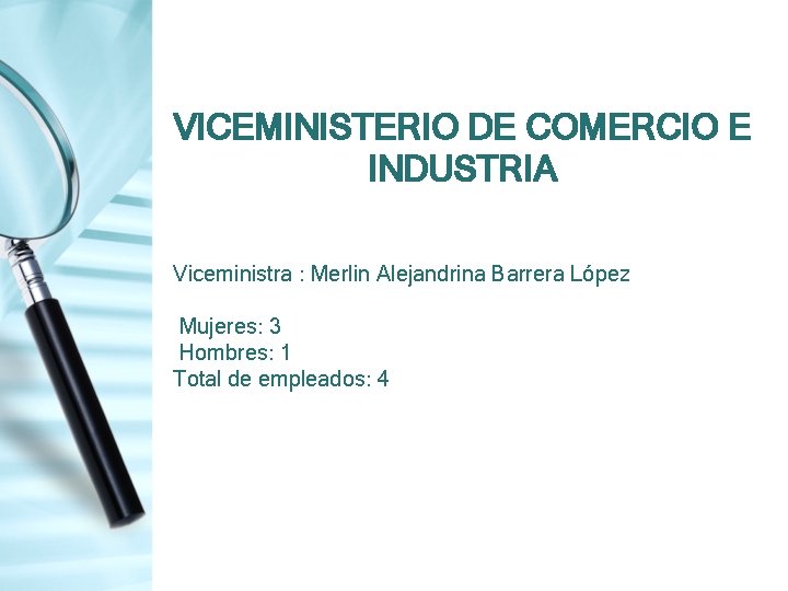VICEMINISTERIO DE COMERCIO E INDUSTRIA Viceministra : Merlin Alejandrina Barrera López Mujeres: 3 Hombres: VICEMINISTERIO DE COMERCIO E INDUSTRIA Viceministra : Merlin Alejandrina Barrera López Mujeres: 3 Hombres: