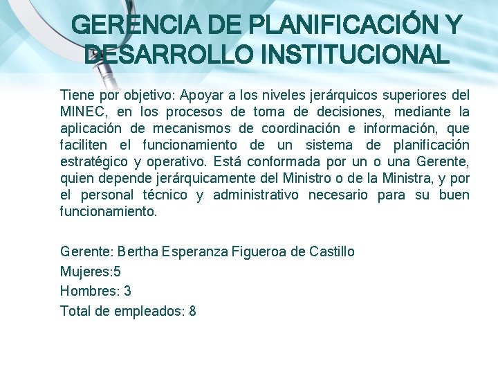 GERENCIA DE PLANIFICACIÓN Y DESARROLLO INSTITUCIONAL Tiene por objetivo: Apoyar a los niveles jerárquicos GERENCIA DE PLANIFICACIÓN Y DESARROLLO INSTITUCIONAL Tiene por objetivo: Apoyar a los niveles jerárquicos