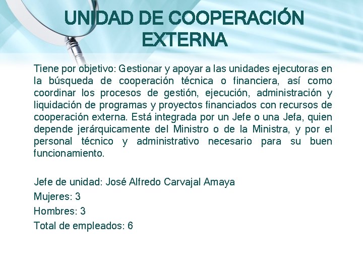 UNIDAD DE COOPERACIÓN EXTERNA Tiene por objetivo: Gestionar y apoyar a las unidades ejecutoras UNIDAD DE COOPERACIÓN EXTERNA Tiene por objetivo: Gestionar y apoyar a las unidades ejecutoras