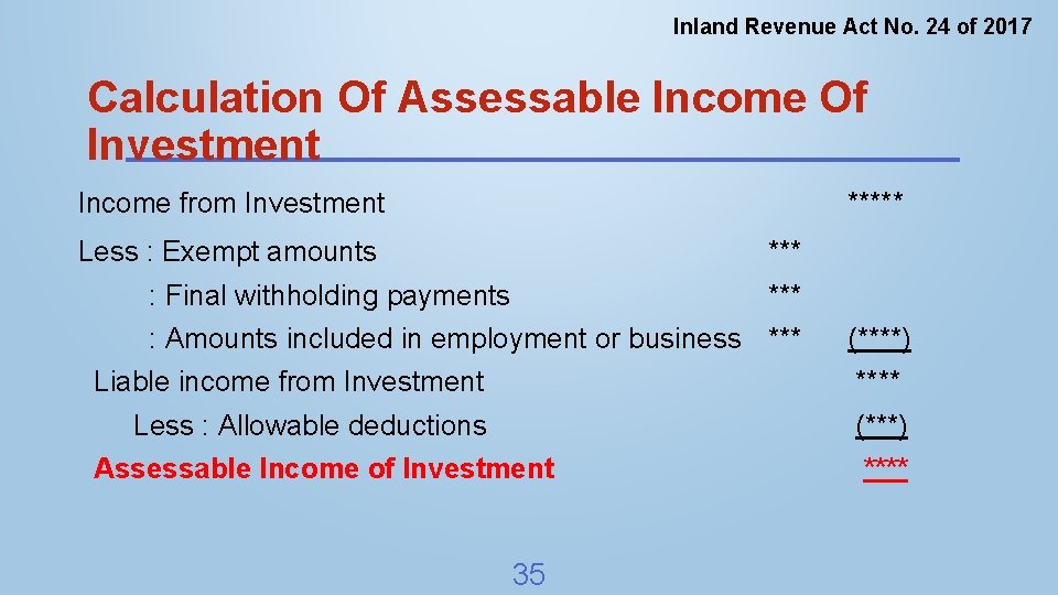 Inland Revenue Act No. 24 of 2017 Calculation Of Assessable Income Of Investment Income
