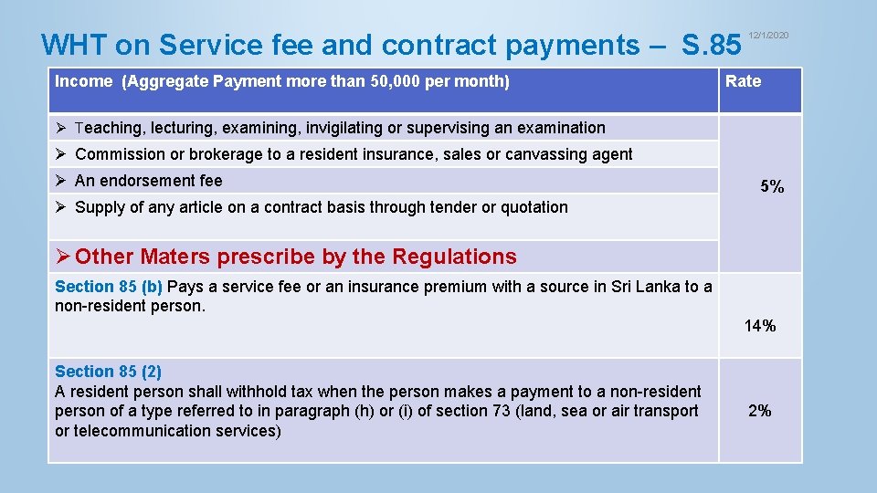 WHT on Service fee and contract payments – S. 85 Income (Aggregate Payment more