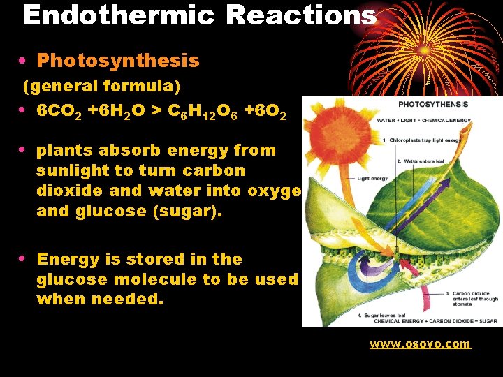 Endothermic Reactions • Photosynthesis (general formula) • 6 CO 2 +6 H 2 O