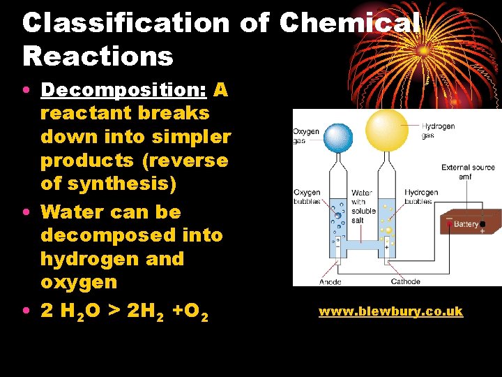 Classification of Chemical Reactions • Decomposition: A reactant breaks down into simpler products (reverse