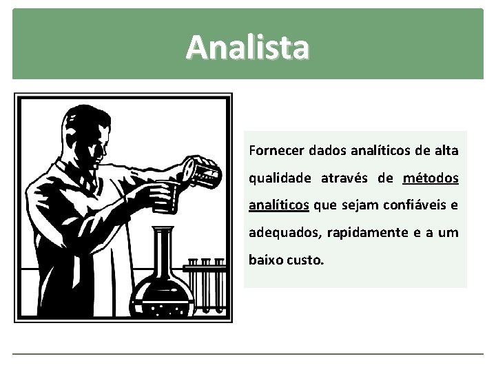 Analista Fornecer dados analíticos de alta qualidade através de métodos analíticos que sejam confiáveis