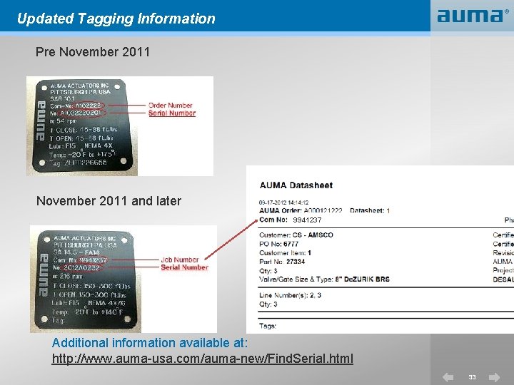 Updated Tagging Information Pre November 2011 and later 9941237 Additional information available at: http: