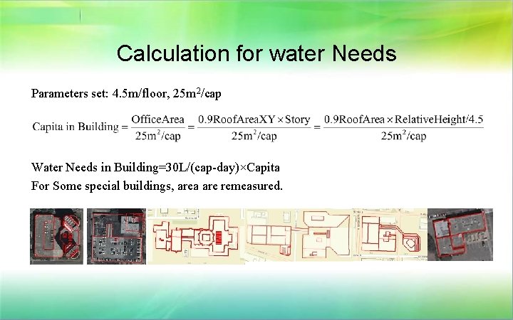 Calculation for water Needs Parameters set: 4. 5 m/floor, 25 m 2/cap Water Needs