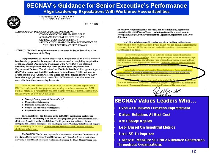 SECNAV’s Guidance for Senior Executive’s Performance Align Leadership Expectations With Workforce Accountabilities SECNAV Values
