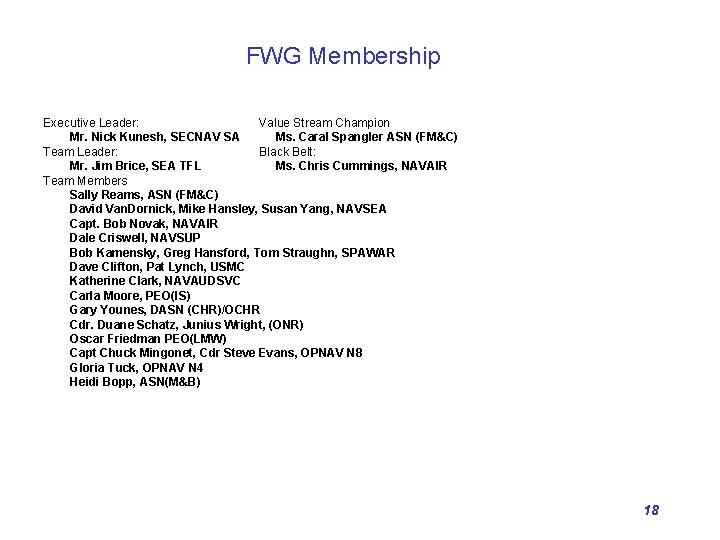 FWG Membership Executive Leader: Value Stream Champion Mr. Nick Kunesh, SECNAV SA Ms. Caral