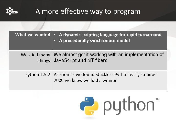 A more effective way to program What we wanted • A dynamic scripting language
