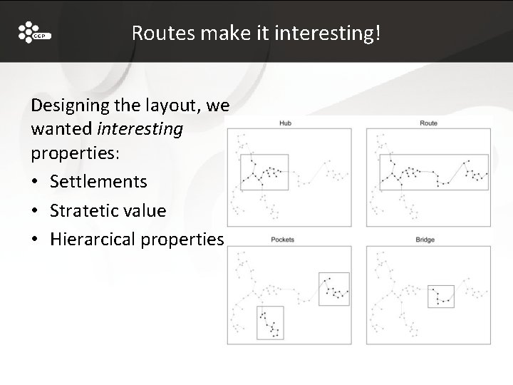 Routes make it interesting! Designing the layout, we wanted interesting properties: • Settlements •