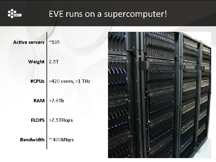 EVE runs on a supercomputer! Active servers ~195 Weight 2. 5 T #CPUs >420