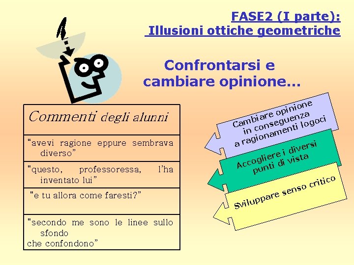 FASE 2 (I parte): Illusioni ottiche geometriche Confrontarsi e cambiare opinione… Commenti degli alunni