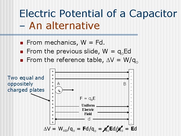 Electric Potential of a Capacitor – An alternative n n n From mechanics, W