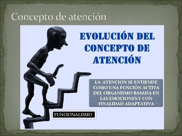 Concepto de atención LA ATENCIÓN SE ENTIENDE COMO UNA FUNCIÓN ACTIVA DEL ORGANISMO BASADA