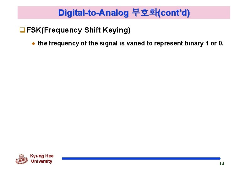 Digital-to-Analog 부호화(cont’d) q. FSK(Frequency Shift Keying) the frequency of the signal is varied to