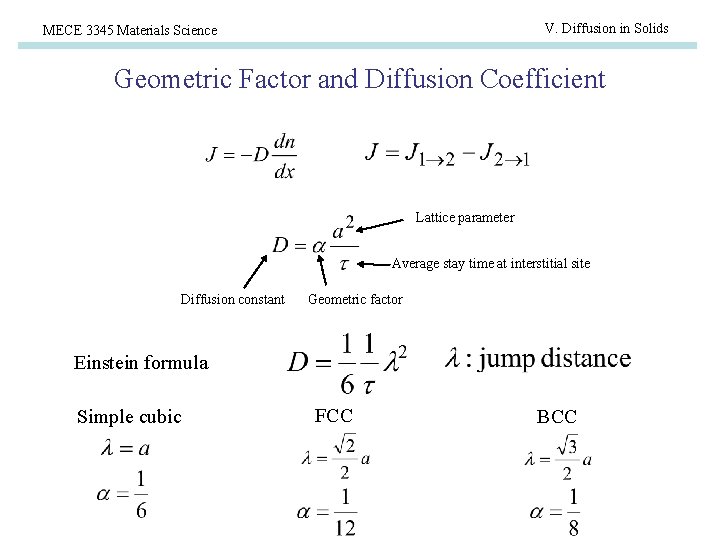 V. Diffusion in Solids MECE 3345 Materials Science Geometric Factor and Diffusion Coefficient Lattice