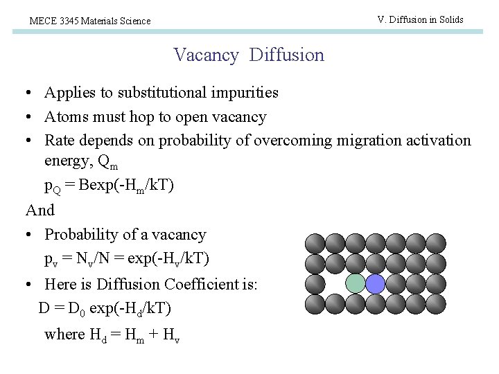 V. Diffusion in Solids MECE 3345 Materials Science Vacancy Diffusion • Applies to substitutional