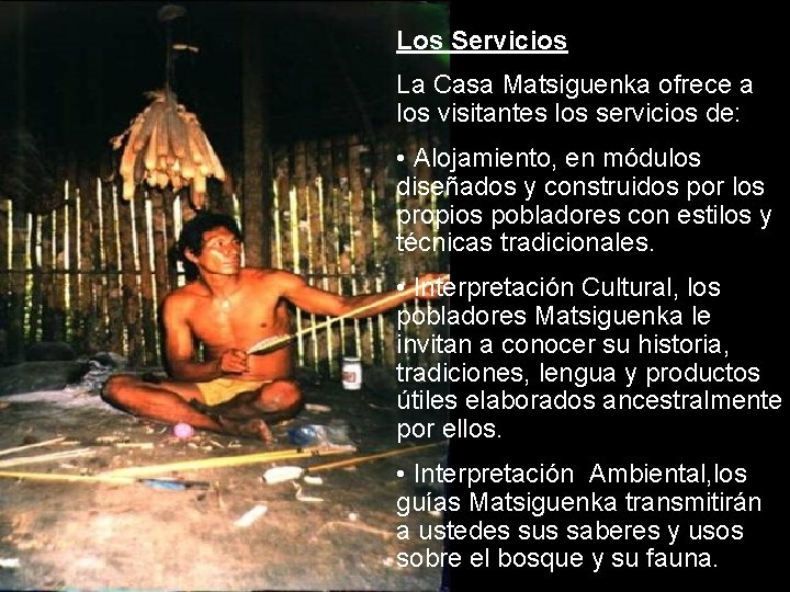 Los Servicios La Casa Matsiguenka ofrece a los visitantes los servicios de: • Alojamiento,