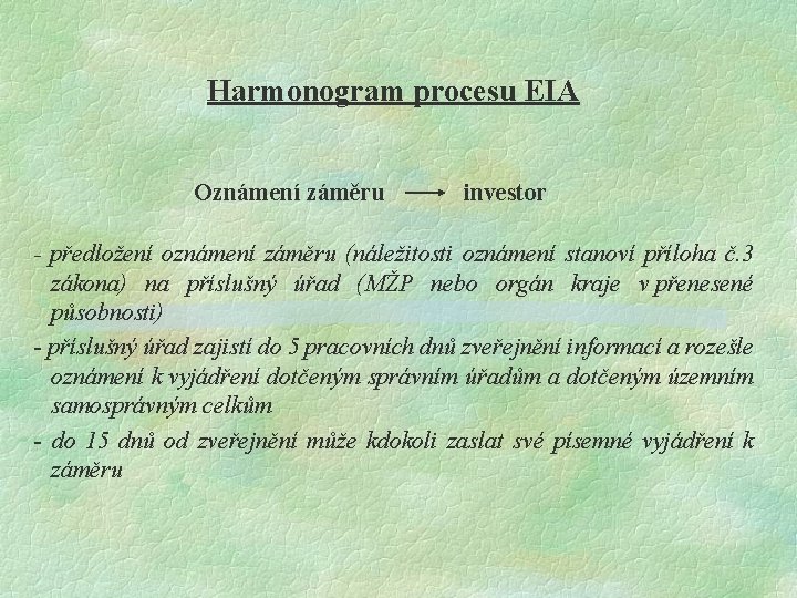 Harmonogram procesu EIA Oznámení záměru investor - předložení oznámení záměru (náležitosti oznámení stanoví příloha