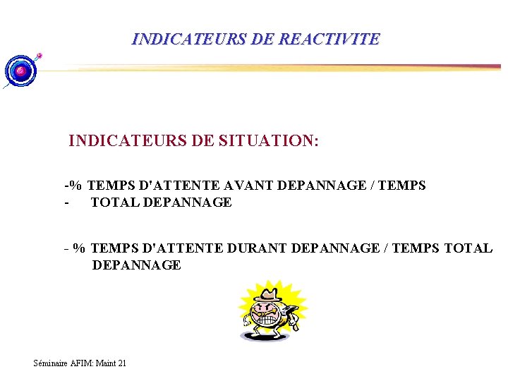 INDICATEURS DE REACTIVITE INDICATEURS DE SITUATION: -% TEMPS D'ATTENTE AVANT DEPANNAGE / TEMPS -