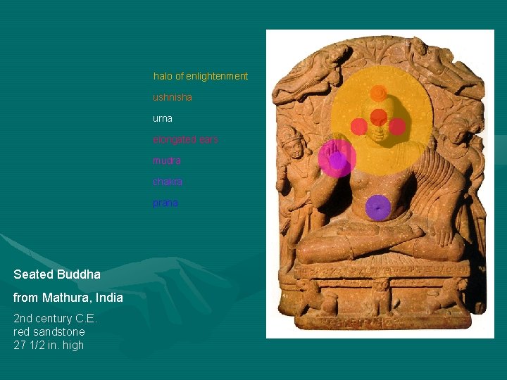 halo of enlightenment ushnisha urna elongated ears mudra chakra prana Seated Buddha from Mathura,