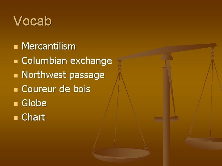 Vocab n n n Mercantilism Columbian exchange Northwest passage Coureur de bois Globe Chart