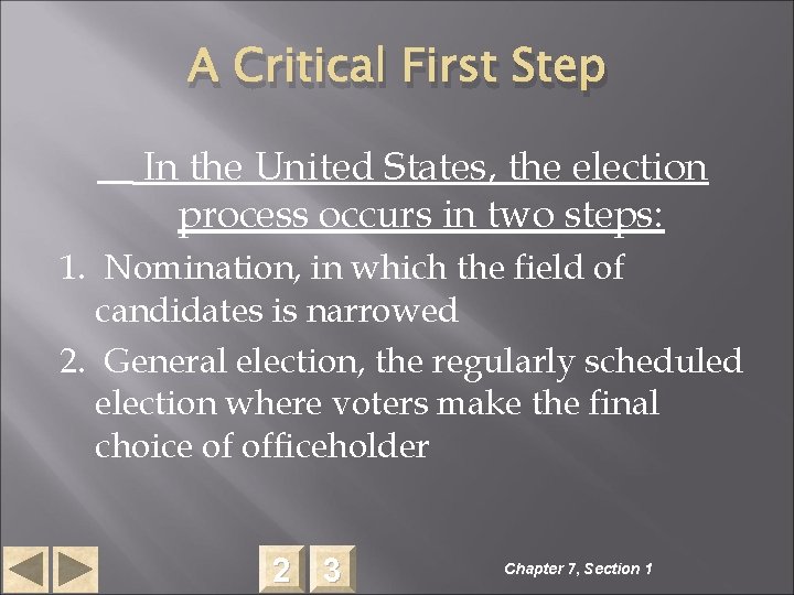 A Critical First Step In the United States, the election process occurs in two