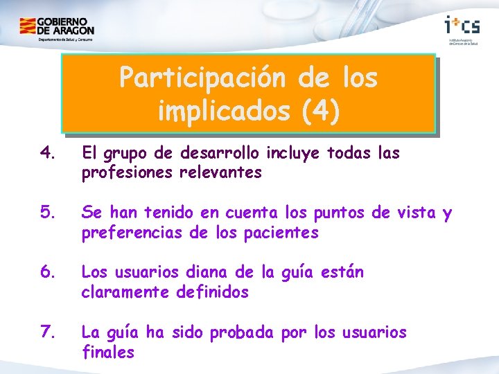 Participación de los implicados (4) 4. El grupo de desarrollo incluye todas las profesiones