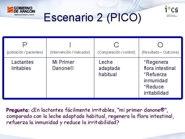 Escenario 2 (PICO) P I C O (población / pacientes) (Intervención / indicador) (Comparación
