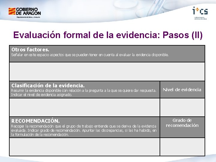 Evaluación formal de la evidencia: Pasos (II) Otros factores. Señalar en este espacio aspectos