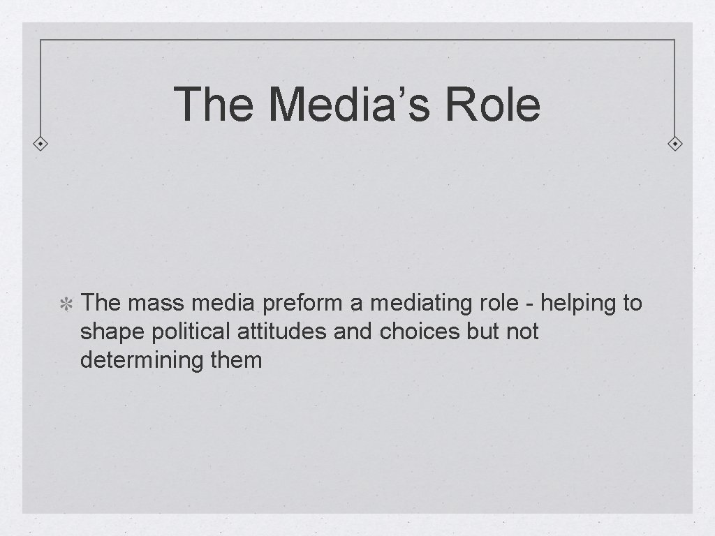 The Media’s Role The mass media preform a mediating role - helping to shape