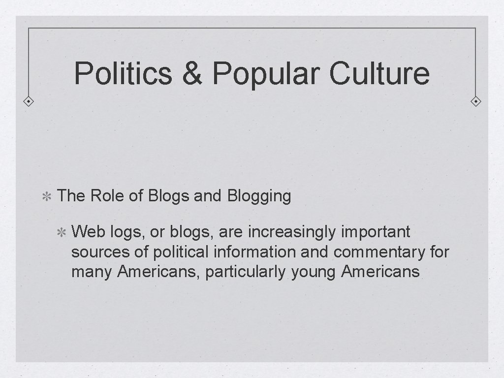 Politics & Popular Culture The Role of Blogs and Blogging Web logs, or blogs,