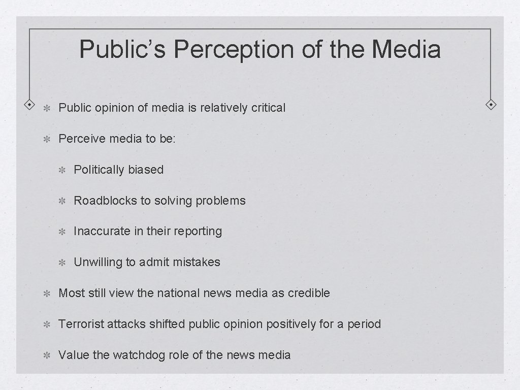 Public’s Perception of the Media Public opinion of media is relatively critical Perceive media