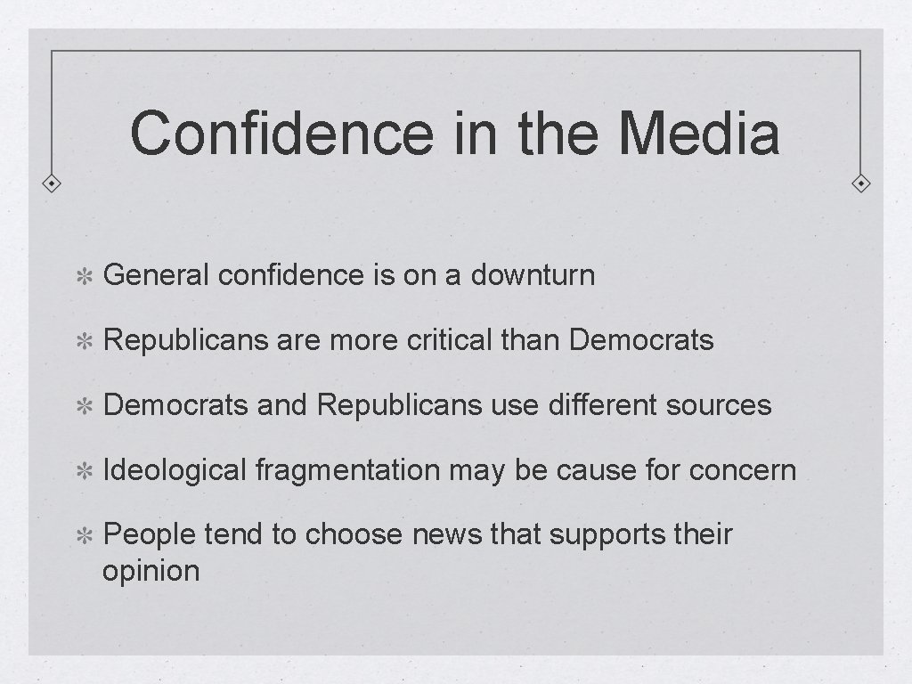 Confidence in the Media General confidence is on a downturn Republicans are more critical