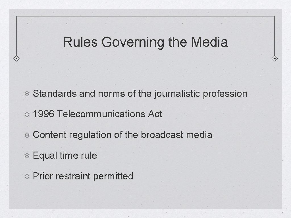 Rules Governing the Media Standards and norms of the journalistic profession 1996 Telecommunications Act
