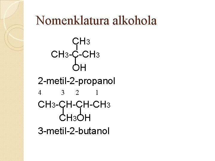 Nomenklatura alkohola CH 3 -C-CH 3 OH 2 -metil-2 -propanol 4 3 2 1