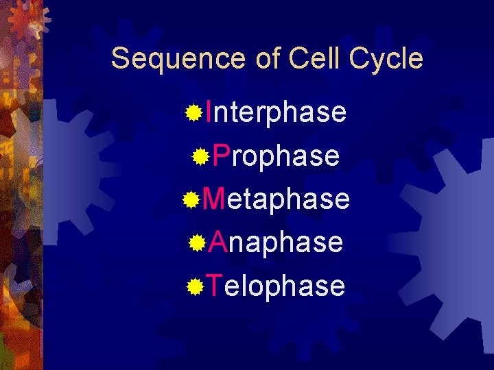 Sequence of Cell Cycle ®Interphase ®Prophase ®Metaphase ®Anaphase ®Telophase 