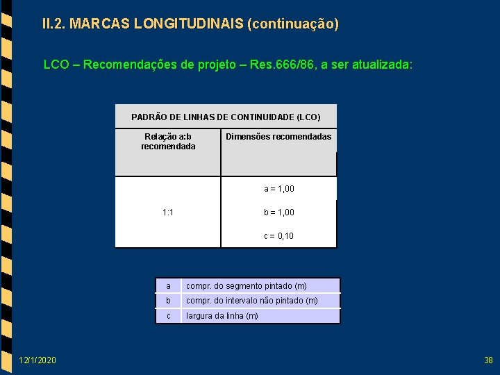 II. 2. MARCAS LONGITUDINAIS (continuação) LCO – Recomendações de projeto – Res. 666/86, a