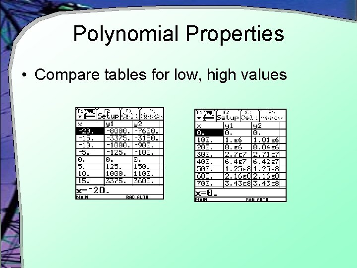 Polynomial Properties • Compare tables for low, high values 