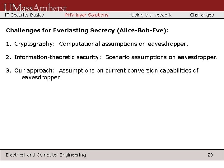 IT Security Basics PHY-layer Solutions Using the Network Challenges for Everlasting Secrecy (Alice-Bob-Eve): 1.