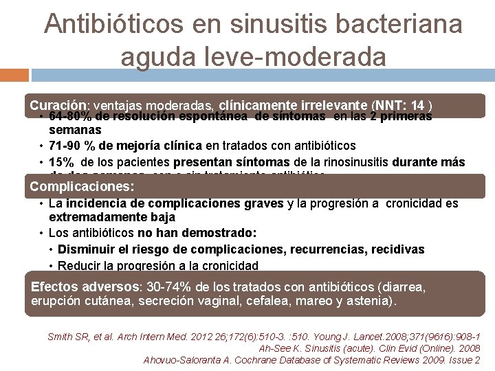 Antibióticos en sinusitis bacteriana aguda leve-moderada Curación: ventajas moderadas, clínicamente irrelevante (NNT: 14 )