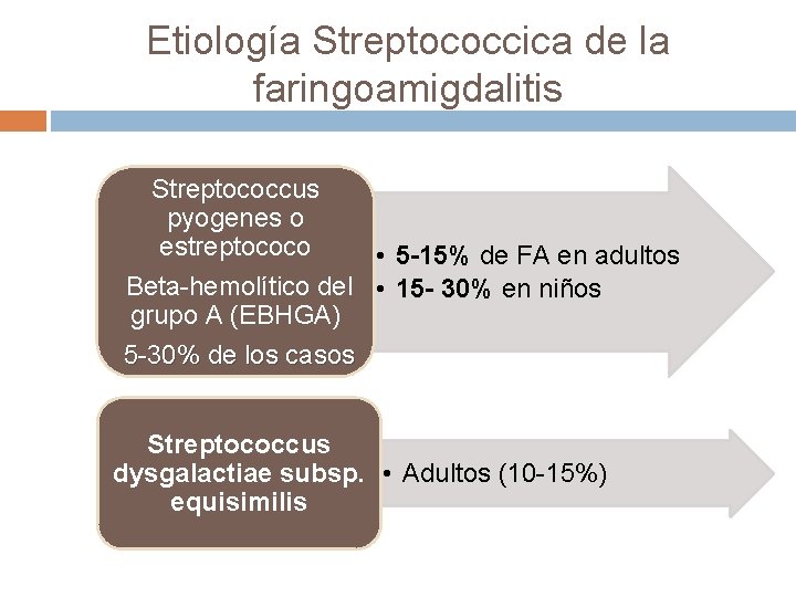 Etiología Streptococcica de la faringoamigdalitis Streptococcus pyogenes o estreptococo • 5 -15% de FA