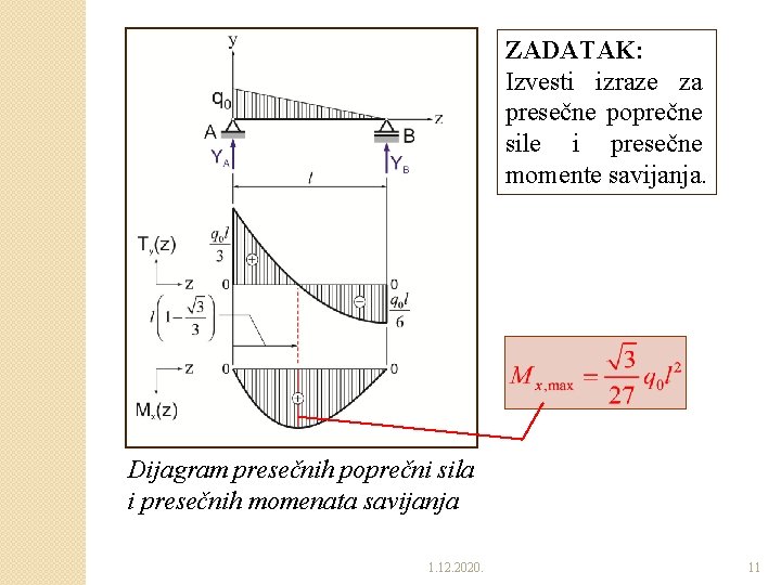 ZADATAK: Izvesti izraze za presečne poprečne sile i presečne momente savijanja. Dijagram presečnih poprečni