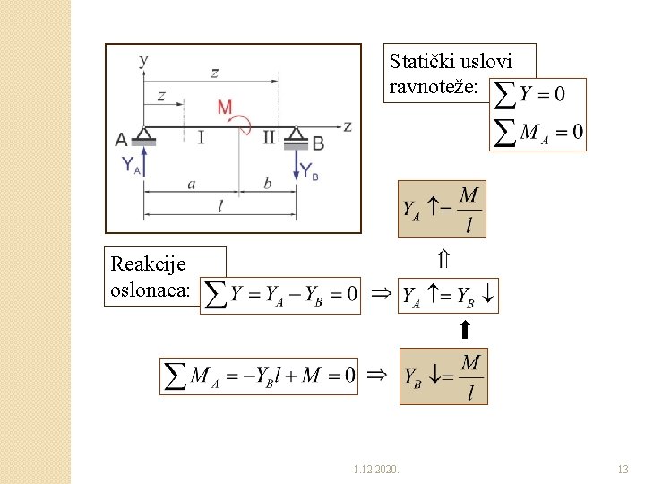 Statički uslovi ravnoteže: Reakcije oslonaca: 1. 12. 2020. 13 