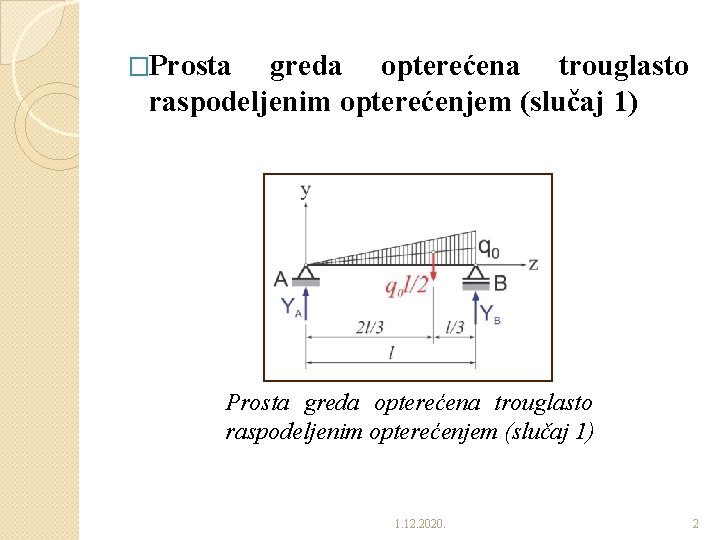 �Prosta greda opterećena trouglasto raspodeljenim opterećenjem (slučaj 1) 1. 12. 2020. 2 