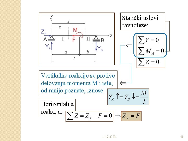 Statički uslovi ravnoteže: Vertikalne reakcije se protive delovanju momenta M i iste, od ranije