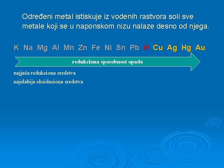 Određeni metal istiskuje iz vodenih rastvora soli sve metale koji se u naponskom nizu